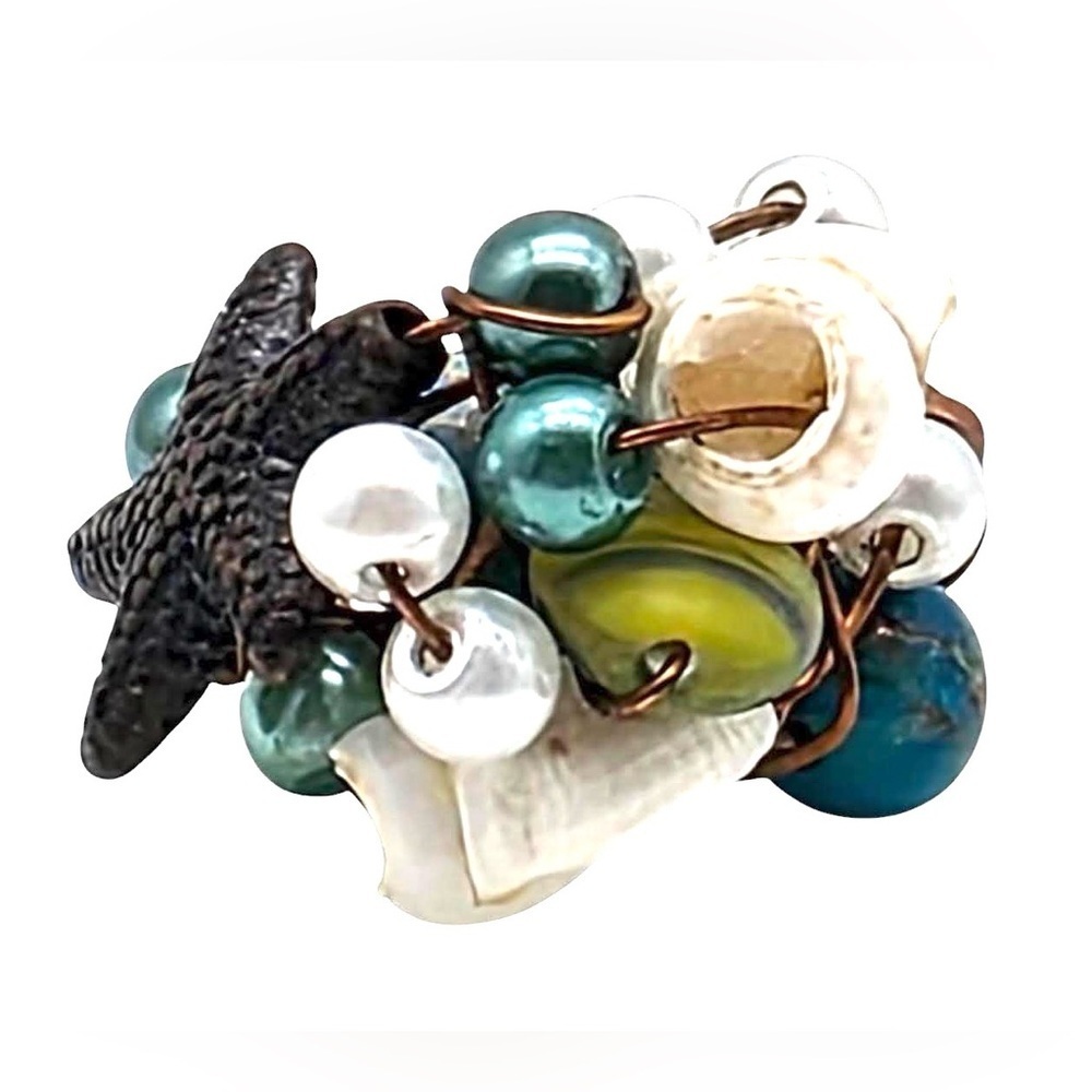 One of a Kind Artisan Coastal Cluster Ring Shell Starfish Pearl Bead Boho Size 7